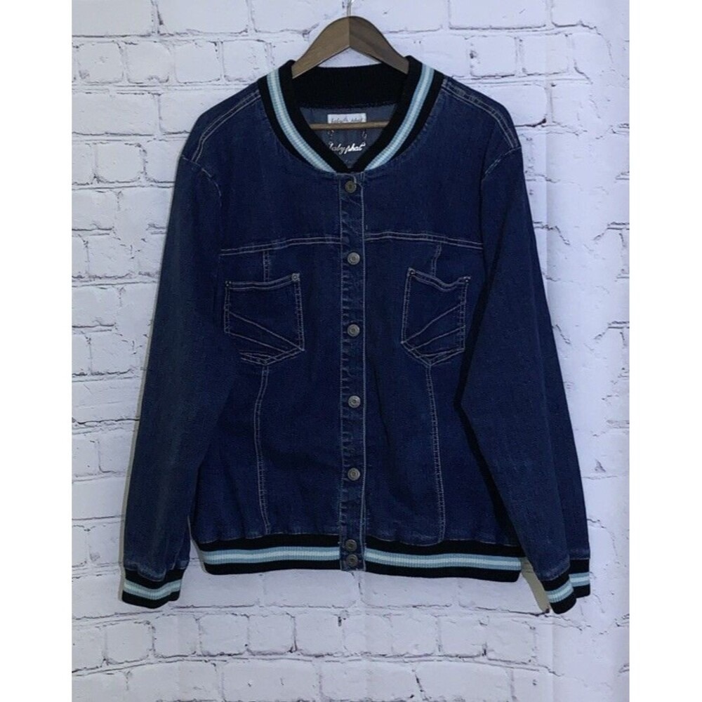 Baby Phat Varsity Bomber Jean Jacket Rib Knit Stripes Y2K Blue Denim
